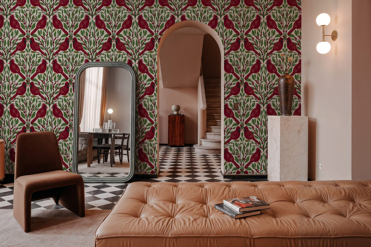 Cardinals & Winterberries, Green Mural Wallpaper - room preview 03