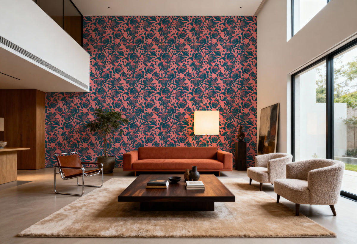Pop Peonies, Pink & Teal Mural Wallpaper - room preview 03