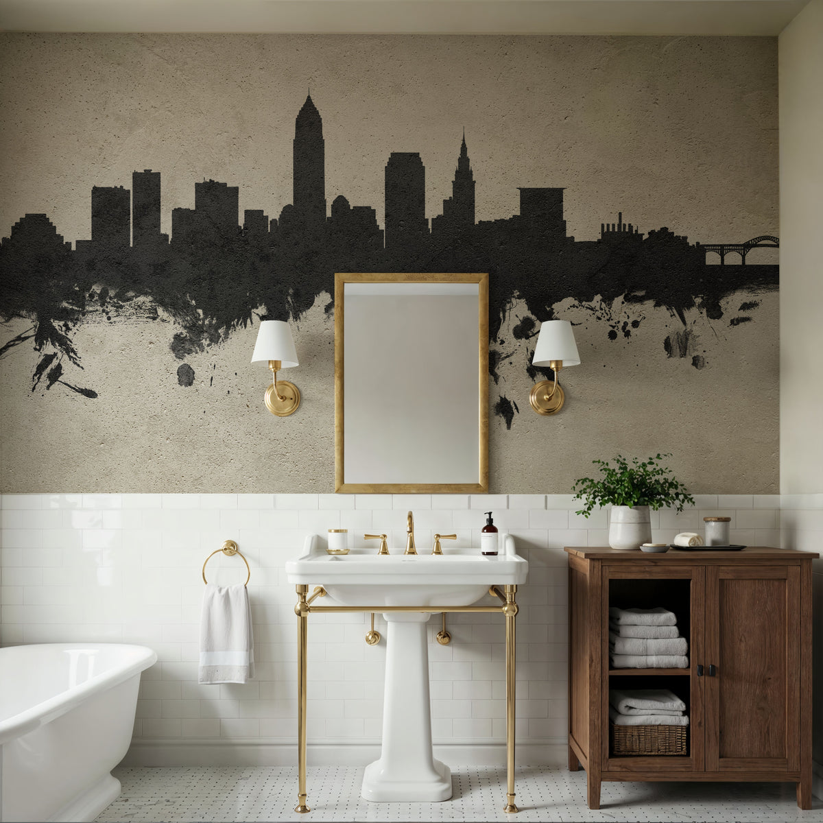Cleveland Ohio Skyline Concrete Mural Wallpaper - room preview 03