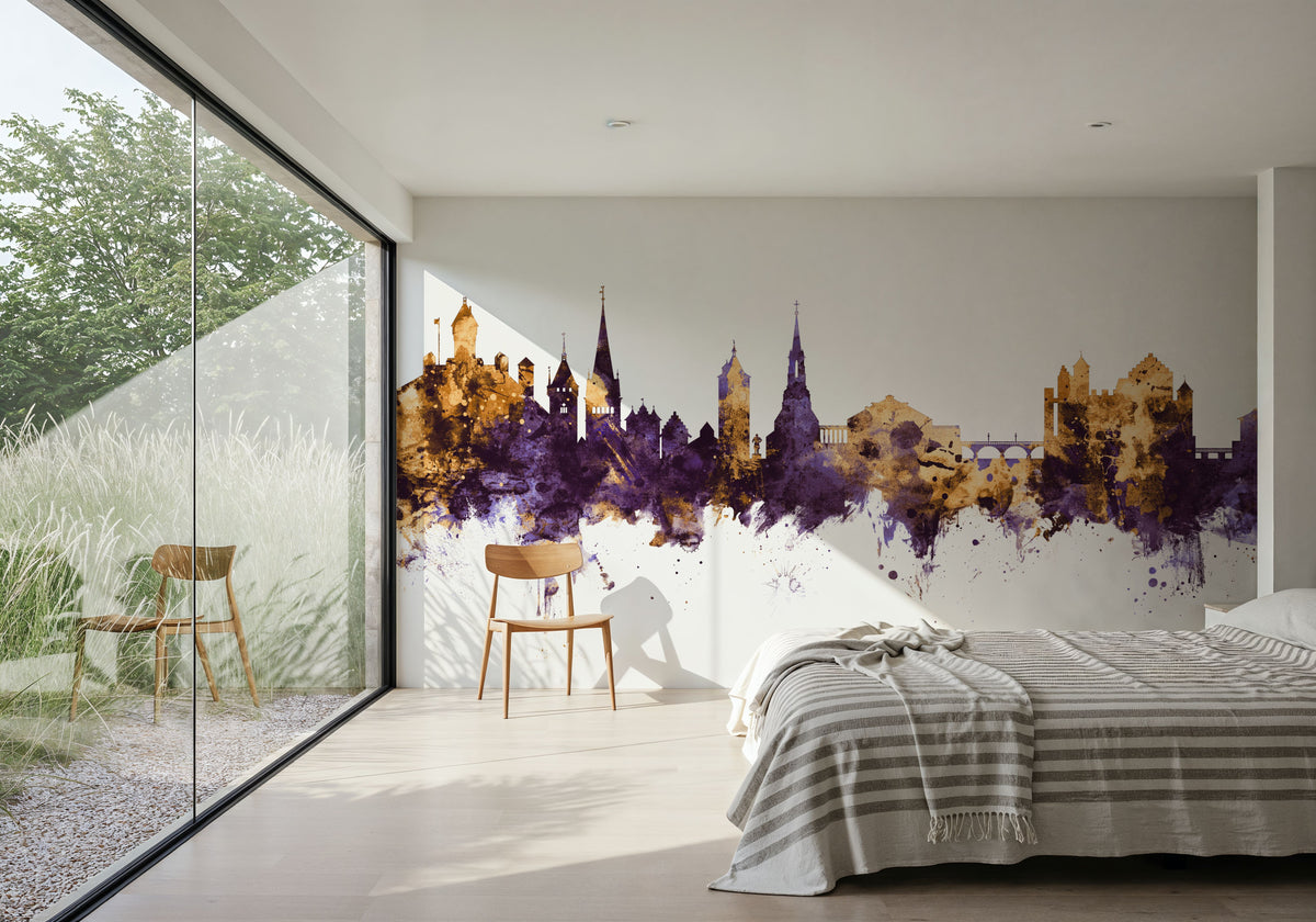 Schaffhausen Switzerland Skyline Purple & Gold Mural Wallpaper - room preview 03