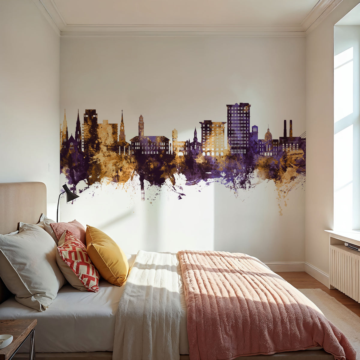 Savannah Georgia Skyline Purple & Gold Mural Wallpaper - room preview 03