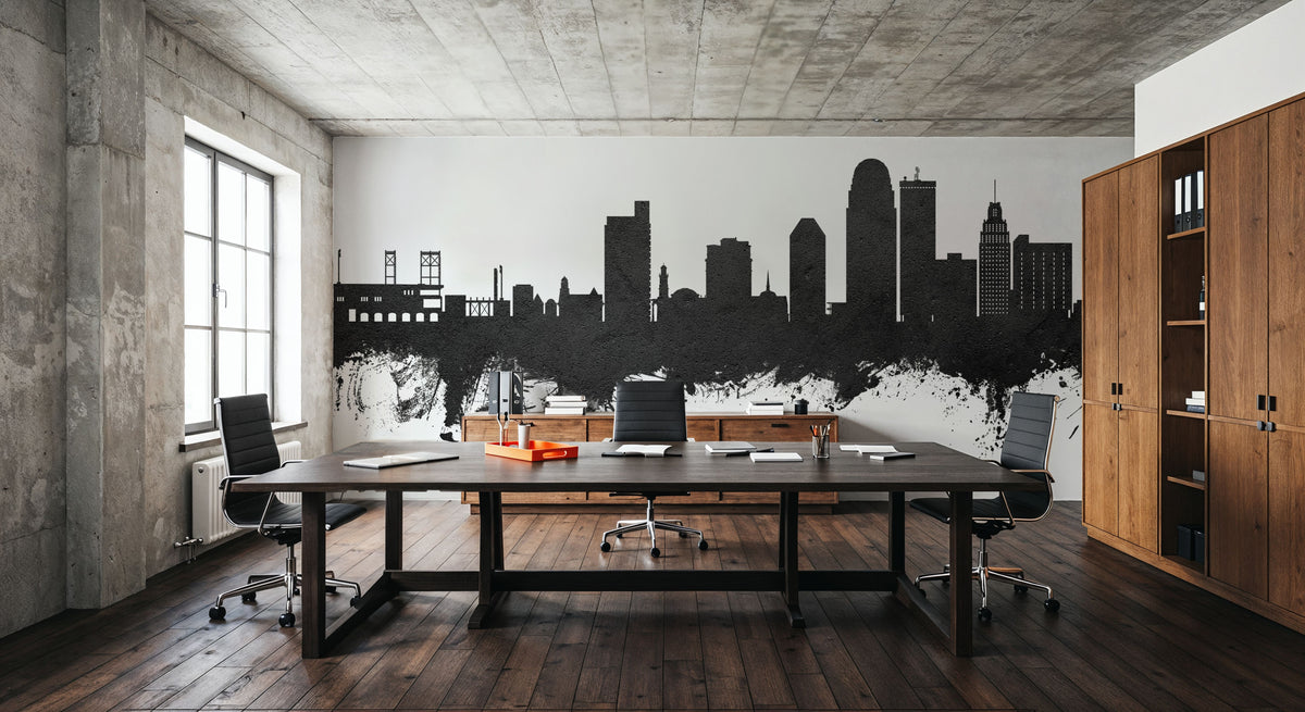 Winston-Salem North Carolina Skyline Black & White Mural Wallpaper - room preview 03