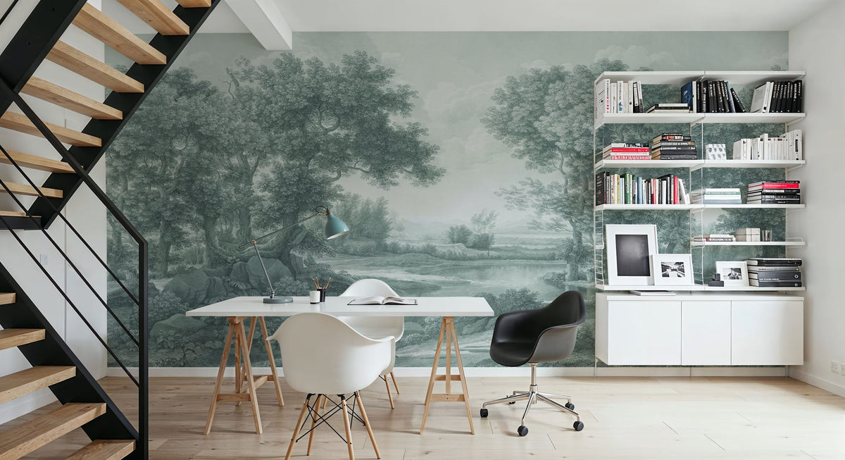 Riverbank Oak Landscape, Forest Green Mural Wallpaper - room preview 03