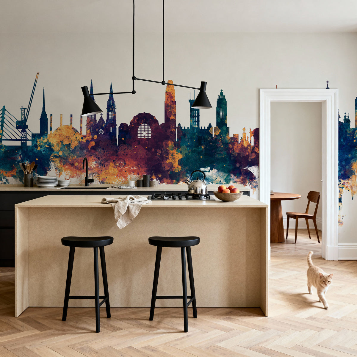 Helsinki Skyline Blue & Bronze Mural Wallpaper - room preview 03