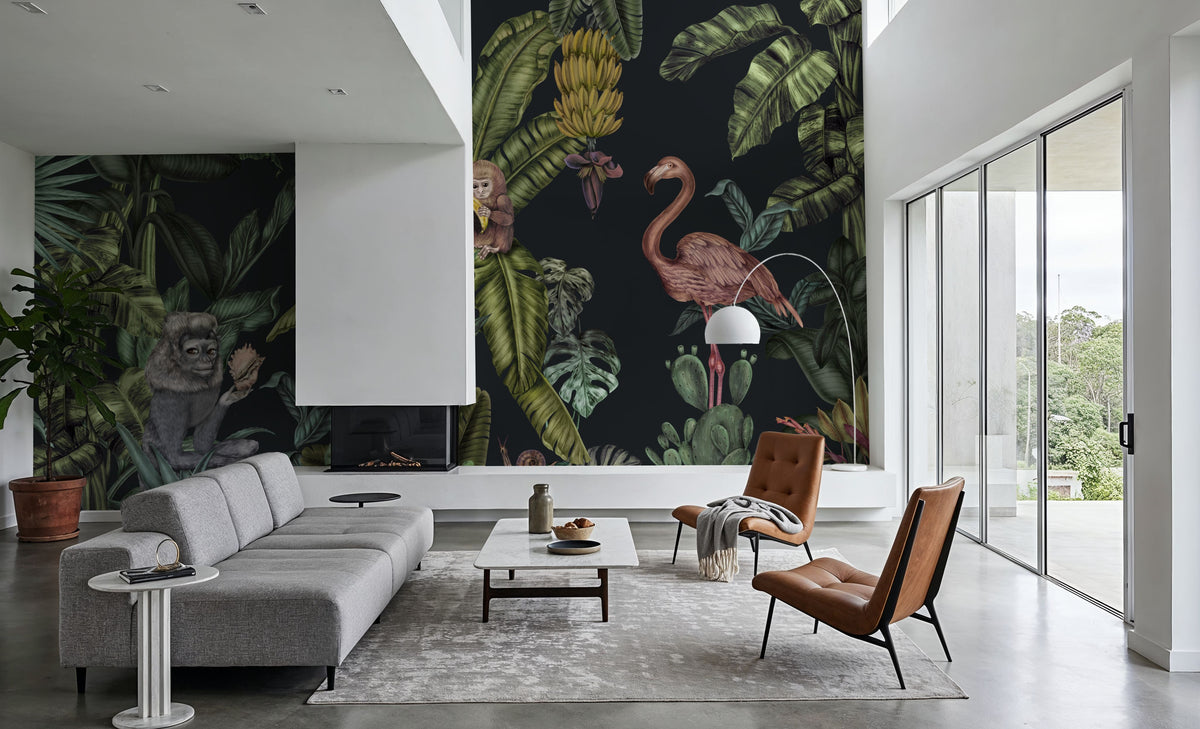 Monkeys with Birds, Dark Mural Wallpaper - room preview 03