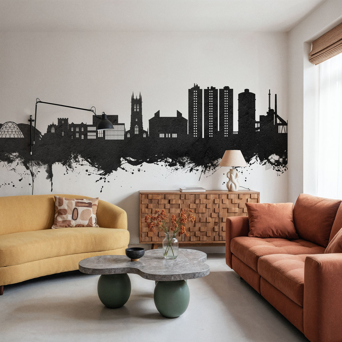 Scunthorpe England Skyline Black & White Mural Wallpaper - room preview 03