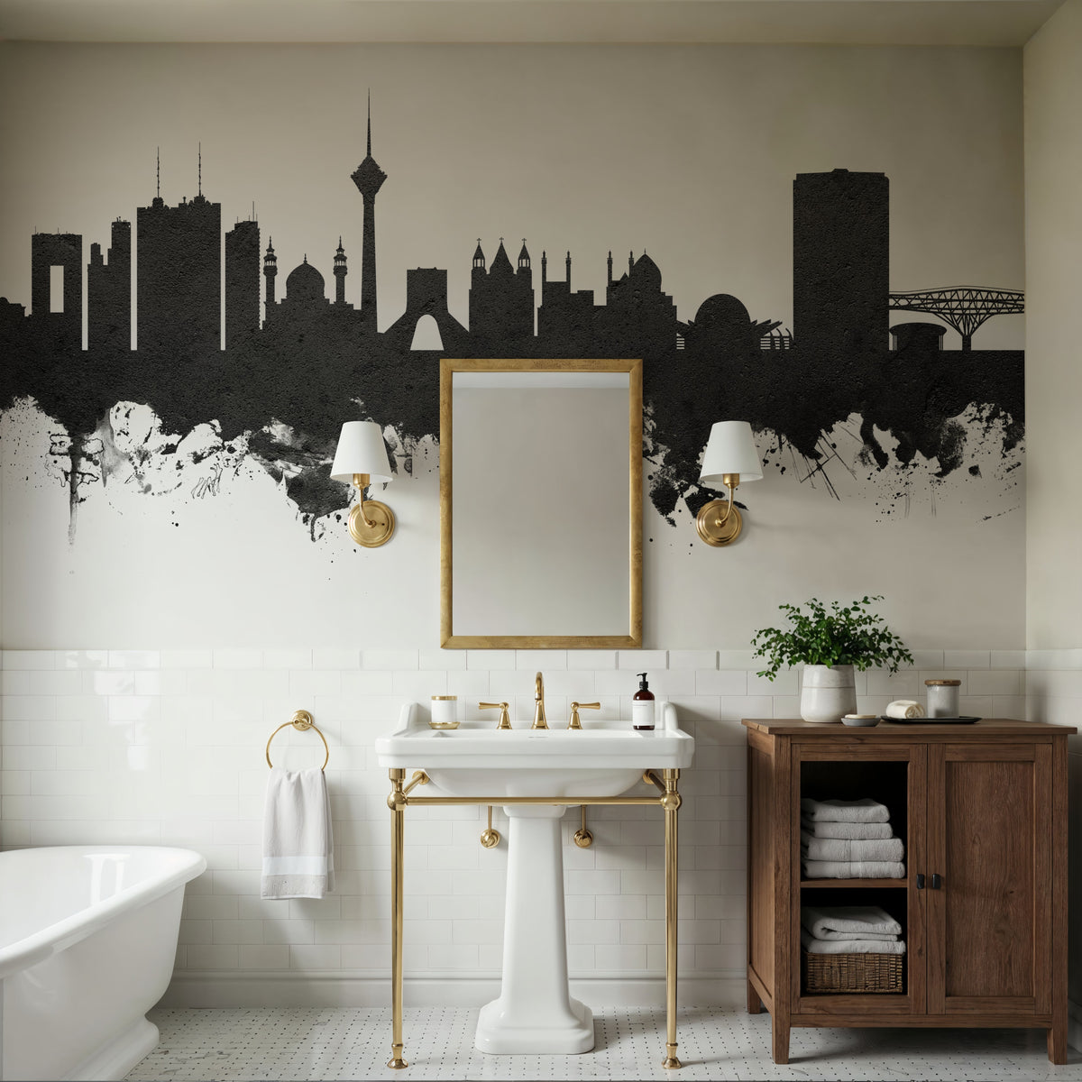 Tehran Iran Skyline Black & White Mural Wallpaper - room preview 03