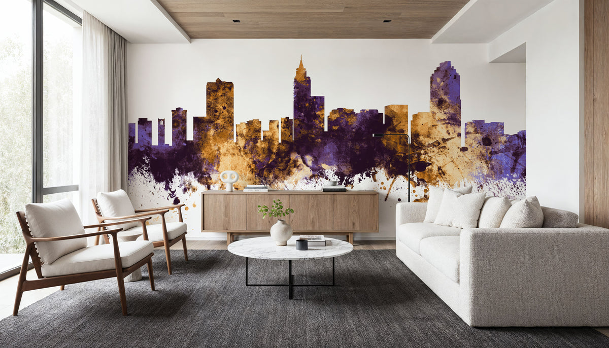 Raleigh North Carolina Skyline Purple & Gold Mural Wallpaper - room preview 03