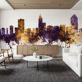 Raleigh North Carolina Skyline Purple & Gold Mural Wallpaper - room preview 03