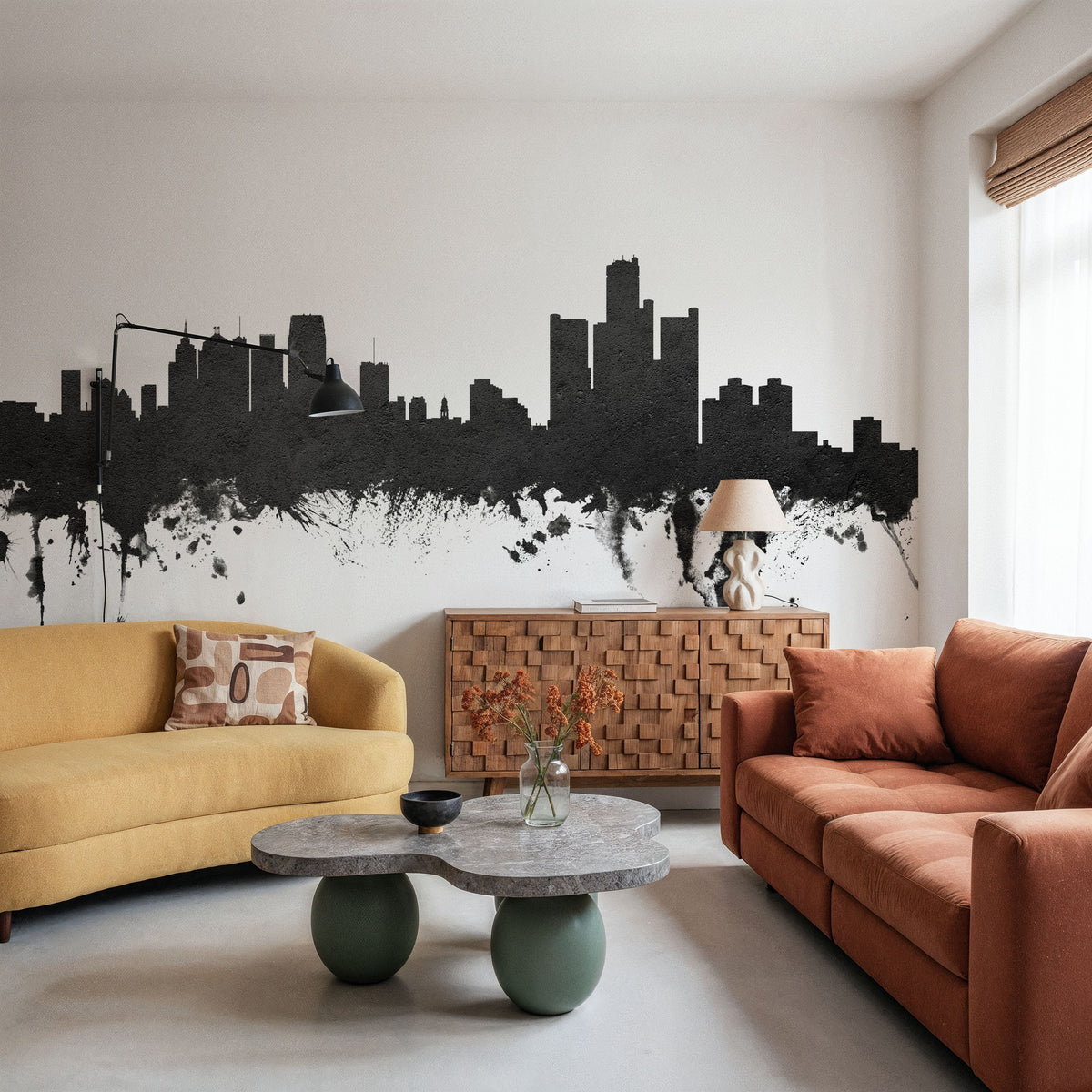 Detroit Michigan Skyline Black & White Mural Wallpaper - room preview 03