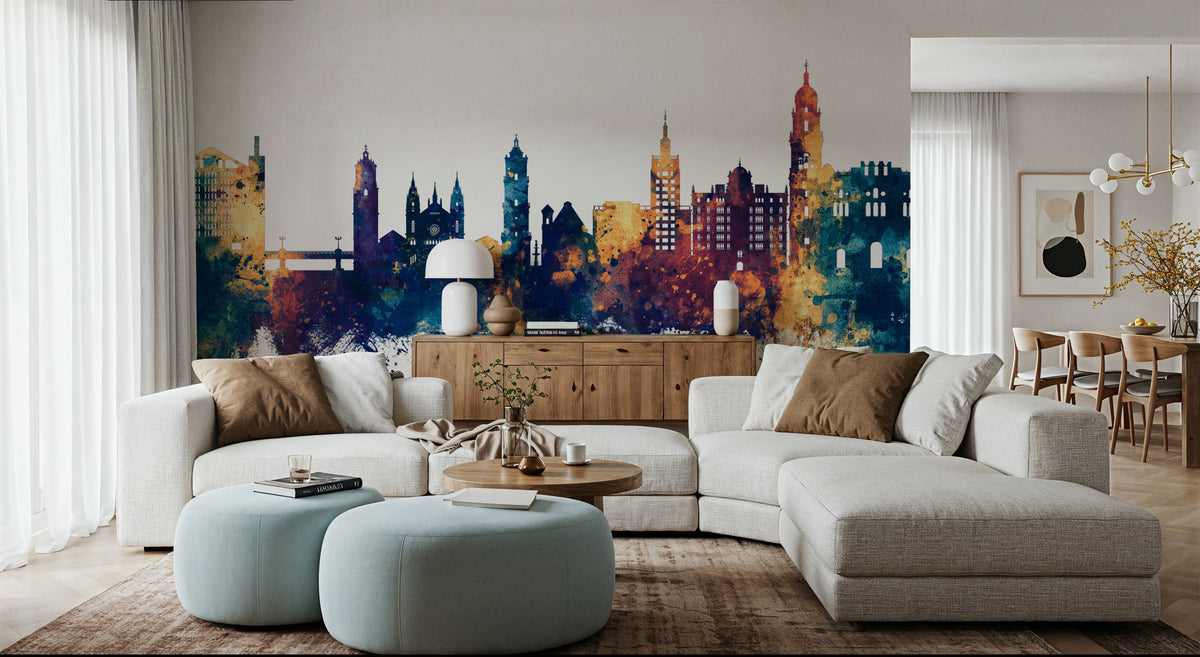 Málaga Spain Skyline Blue & Bronze Mural Wallpaper - room preview 03