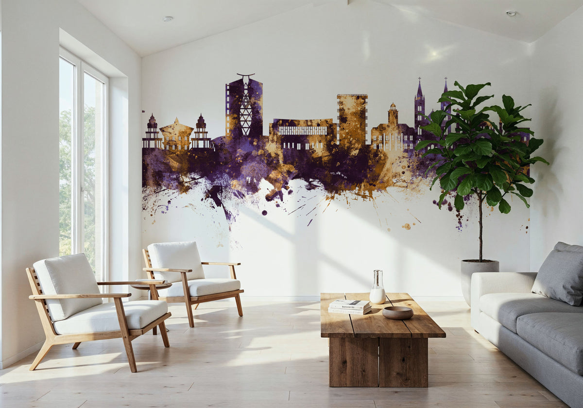 Paramaribo Suriname Skyline Purple & Gold Mural Wallpaper - room preview 03