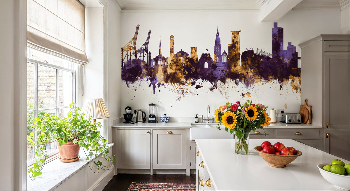 Southampton England Skyline Purple & Gold Mural Wallpaper - room preview 03