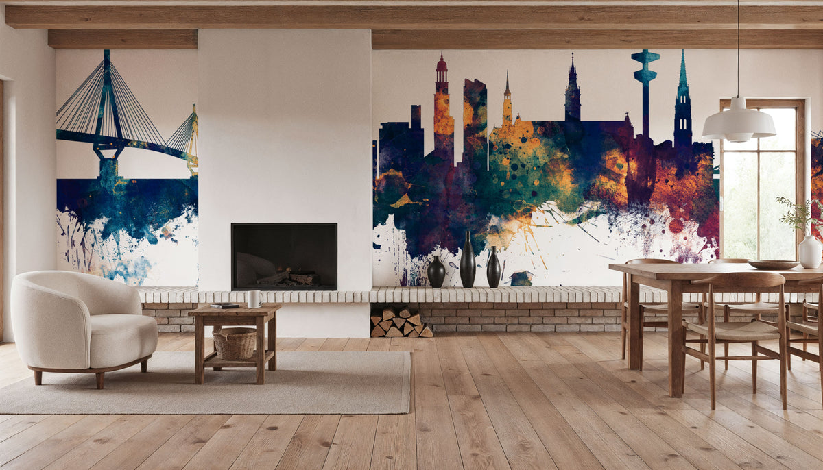 Hamburg Germany Skyline Blue & Bronze Mural Wallpaper - room preview 03