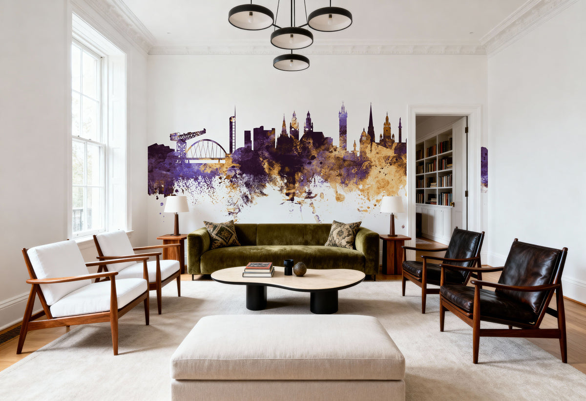 Glasgow Scotland Skyline Purple & Gold Mural Wallpaper - room preview 03