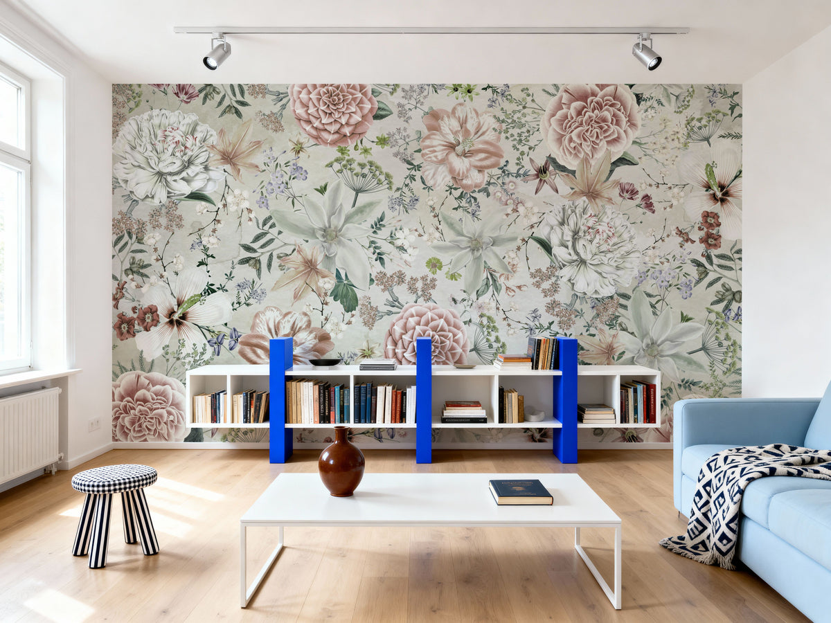 Flowers and Stripes Green Mural Wallpaper - room preview 03