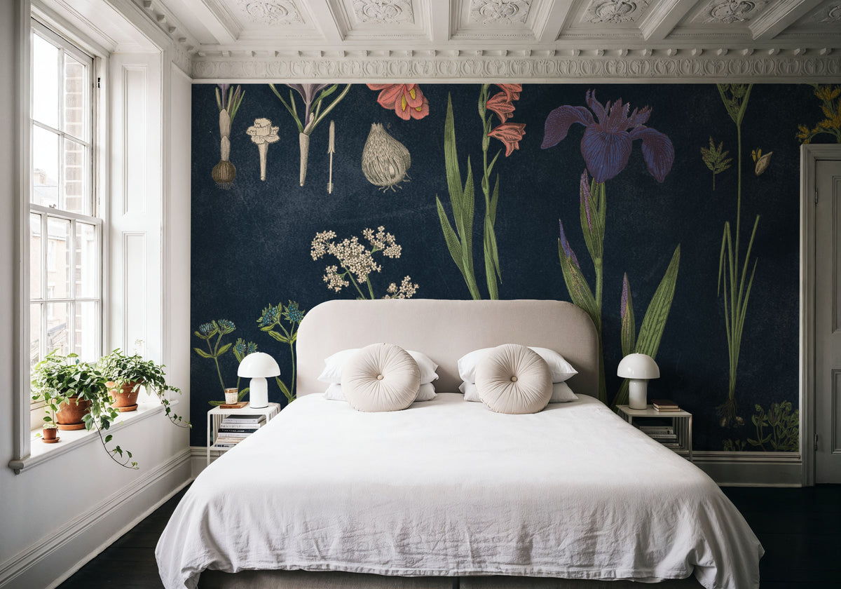 Botanical Floral Chart II Dark Blue Mural Wallpaper - room preview 03