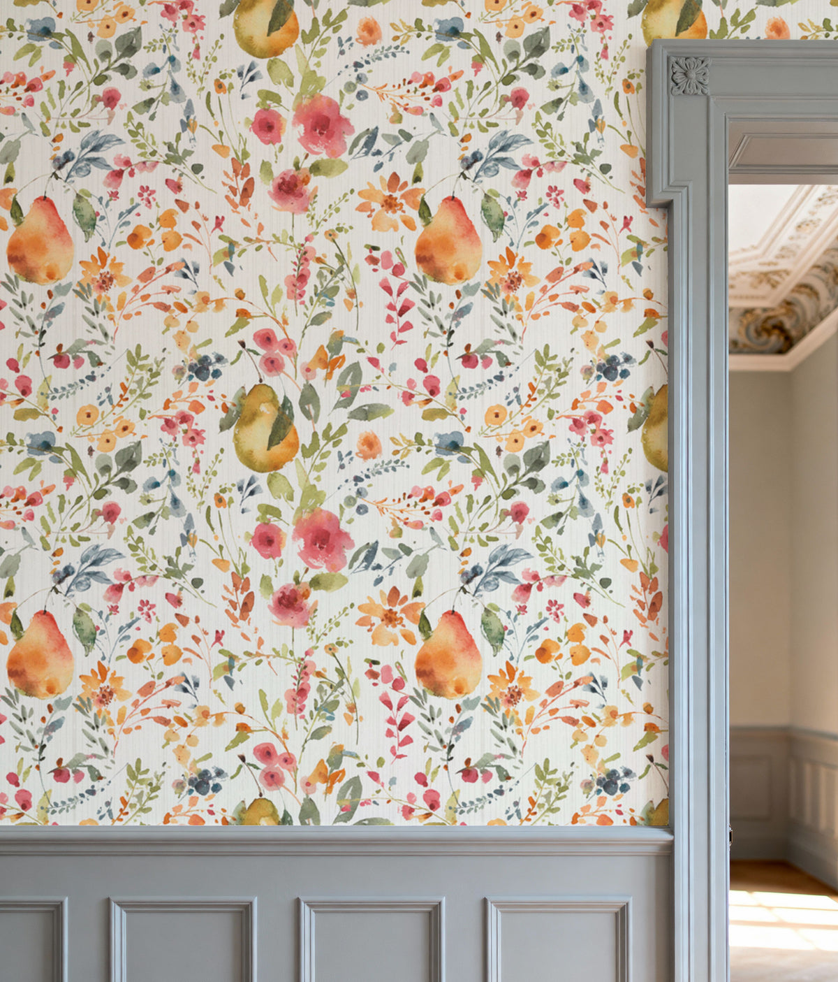 Time to Share Flowers and Pears White Mural Wallpaper - room preview 03