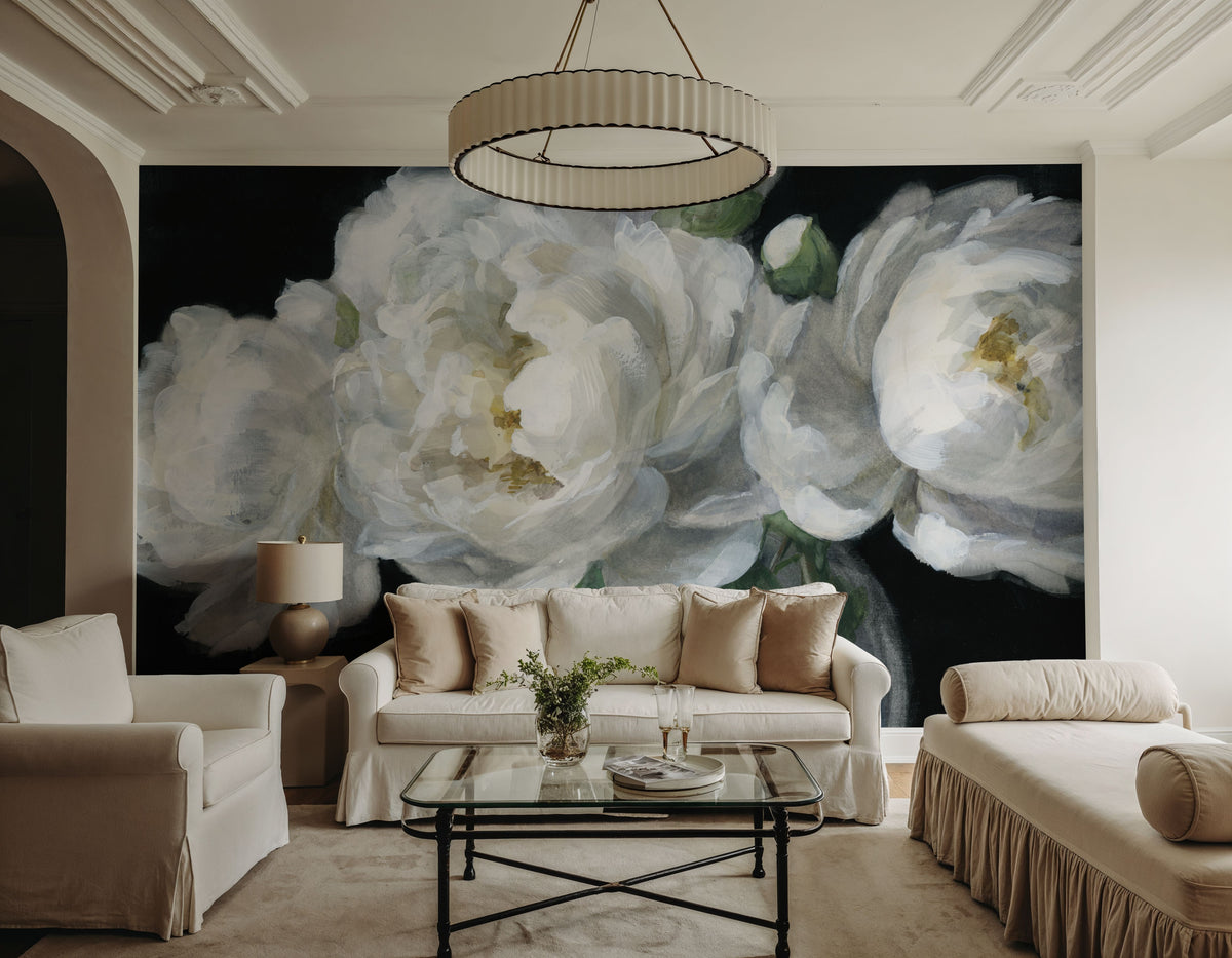 White Peonies in Glass Mural Wallpaper - room preview 03