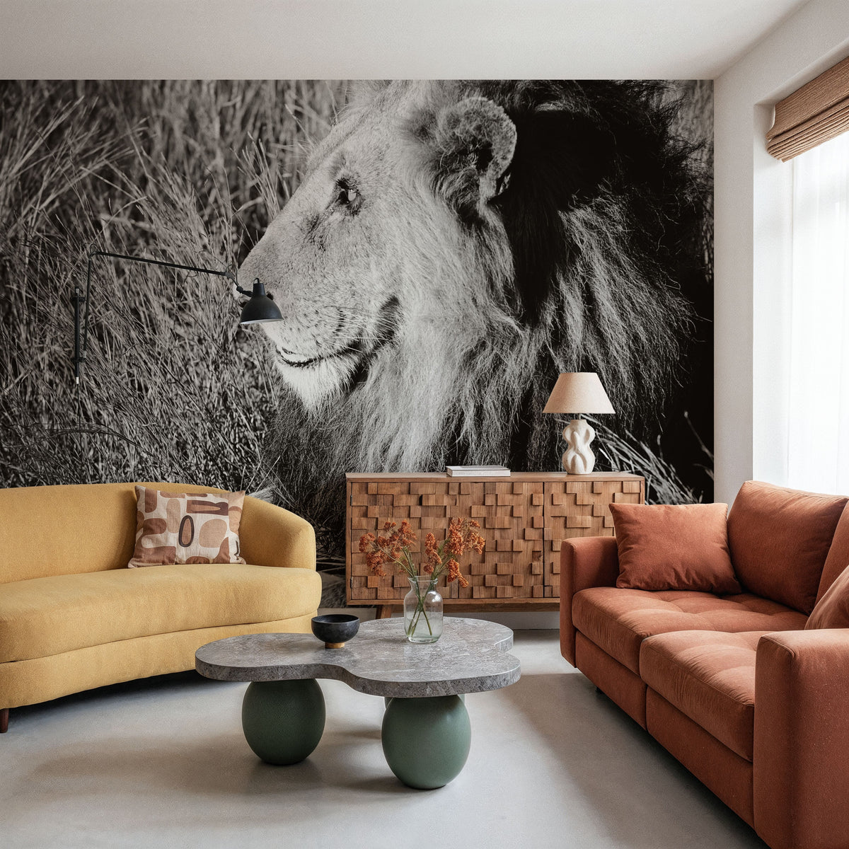 Golden Old Lion Square BW Mural Wallpaper - room preview 03