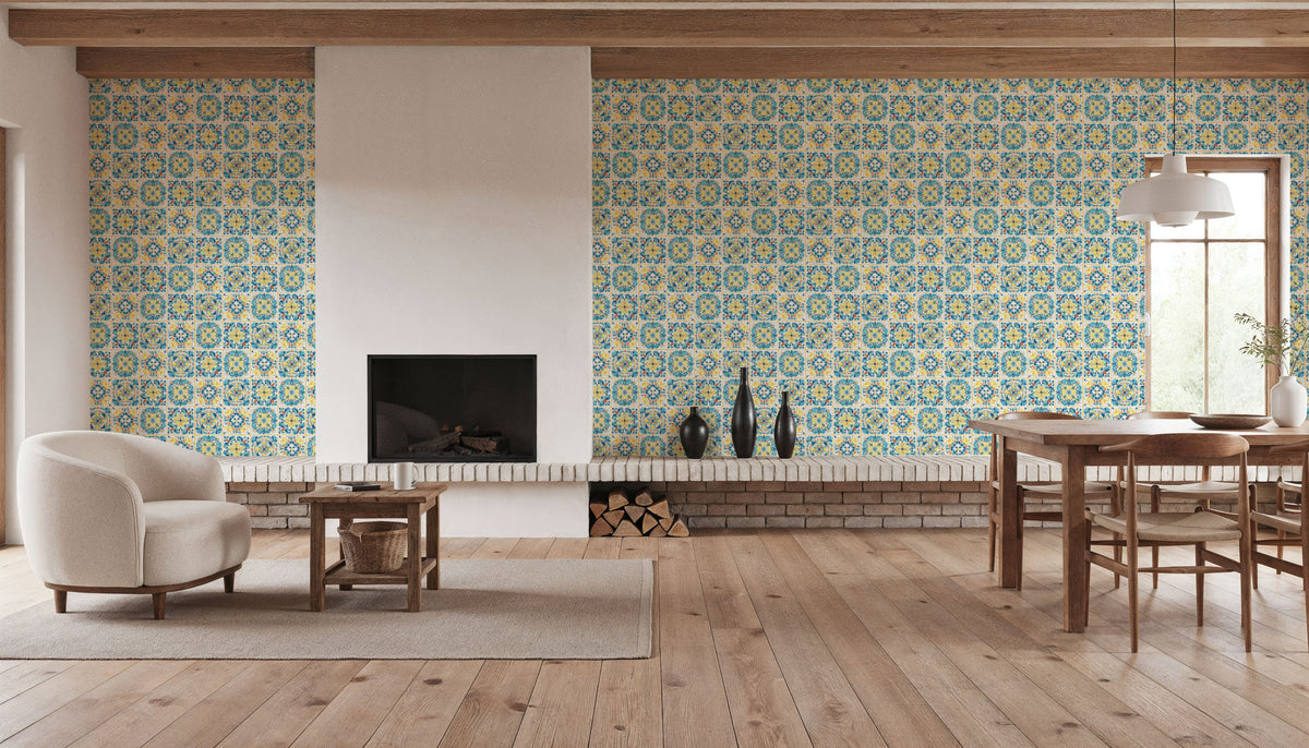 Maritime Tiles Yellow and Blue Mural Wallpaper - room preview 03