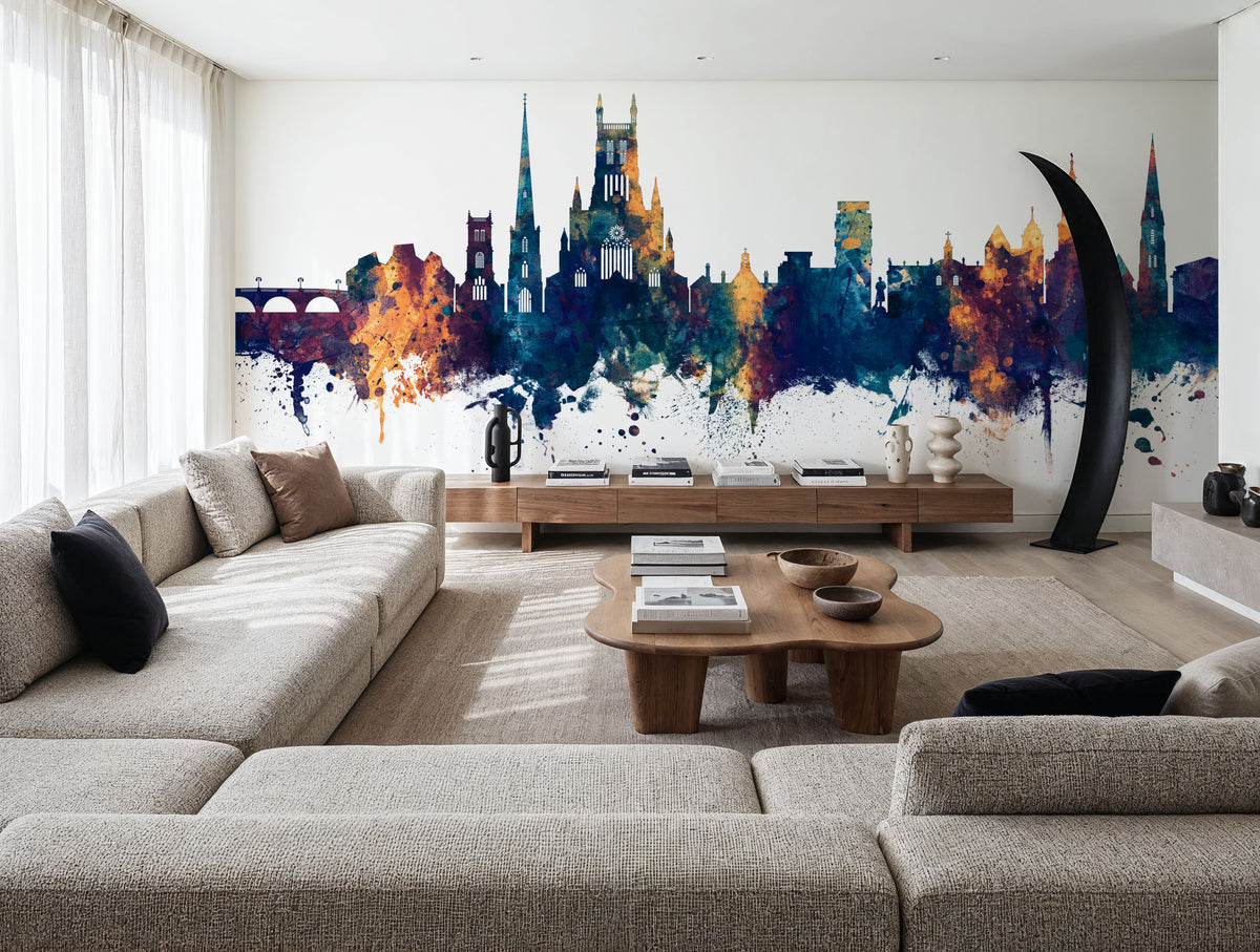 Worcester England Skyline Blue & Bronze Mural Wallpaper - room preview 03