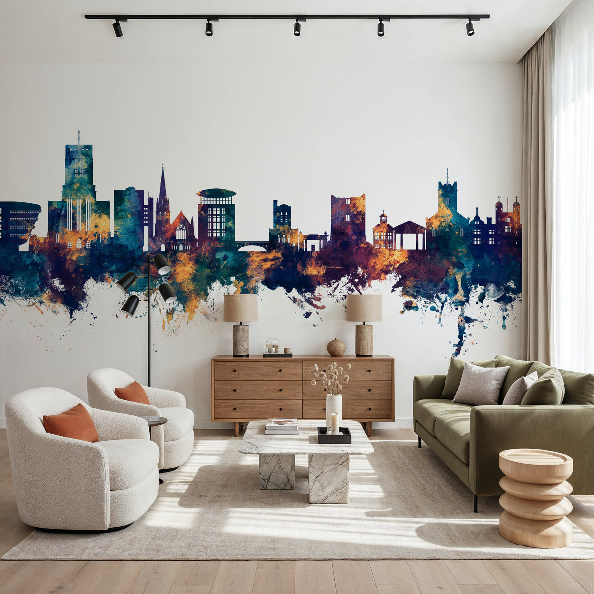 Guildford England Skyline Blue & Bronze Mural Wallpaper - room preview 03