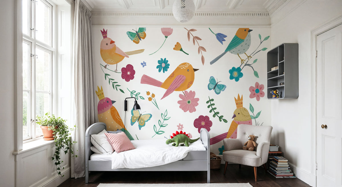 Royal Birds on White Mural Wallpaper - room preview 03