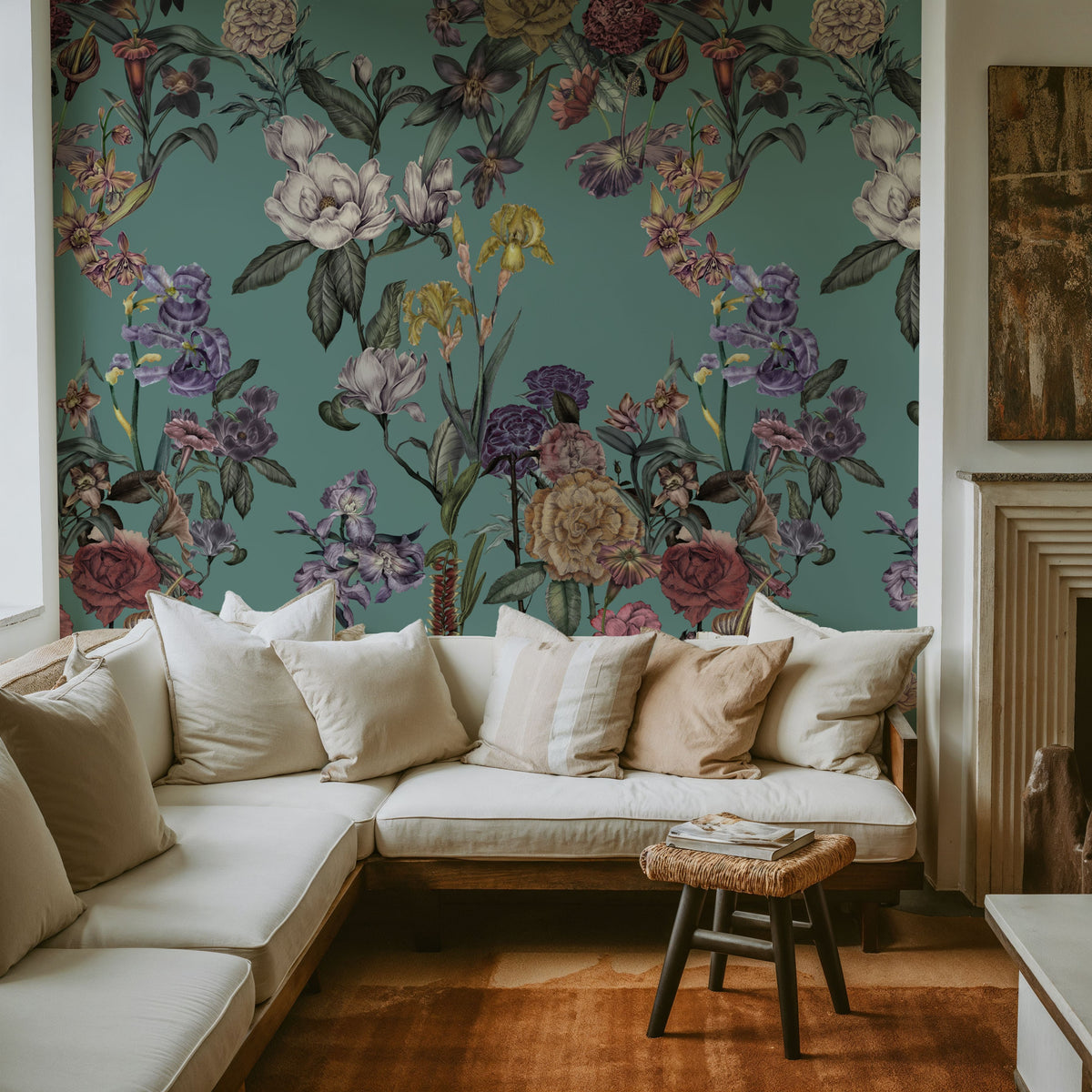 Floral Gaze, Turquoise Mural Wallpaper - room preview 03