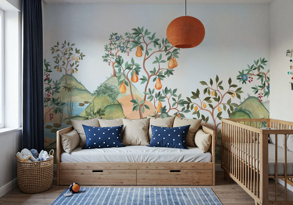 Orchard Reverie (no Animals), Sky Blue Mural Wallpaper - room preview 03
