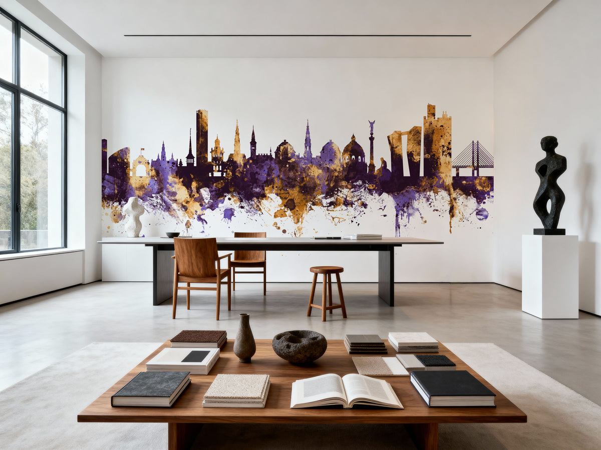 Copenhagen Skyline Purple & Gold Mural Wallpaper - room preview 03