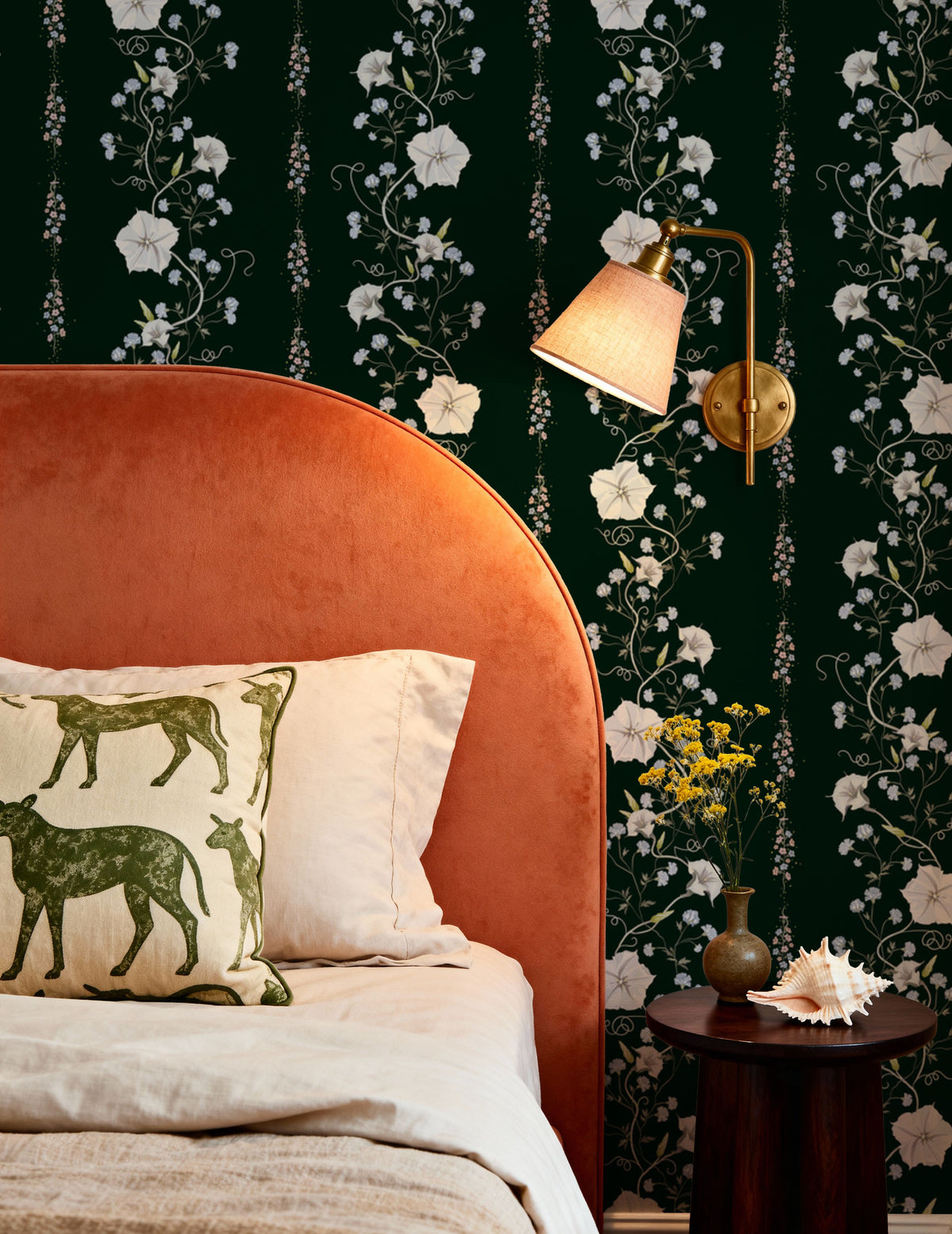 Trailing Flower Stripe, Dark Green Mural Wallpaper - room preview 03