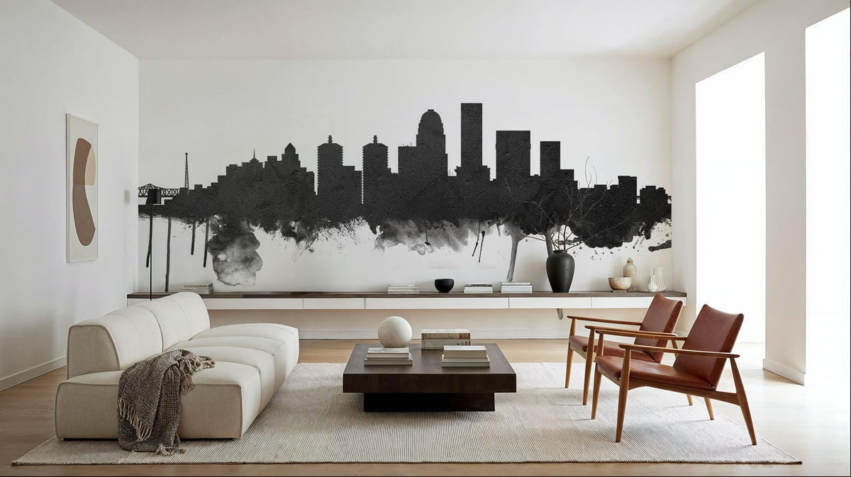 Louisville Kentucky Skyline Black & White Mural Wallpaper - room preview 03