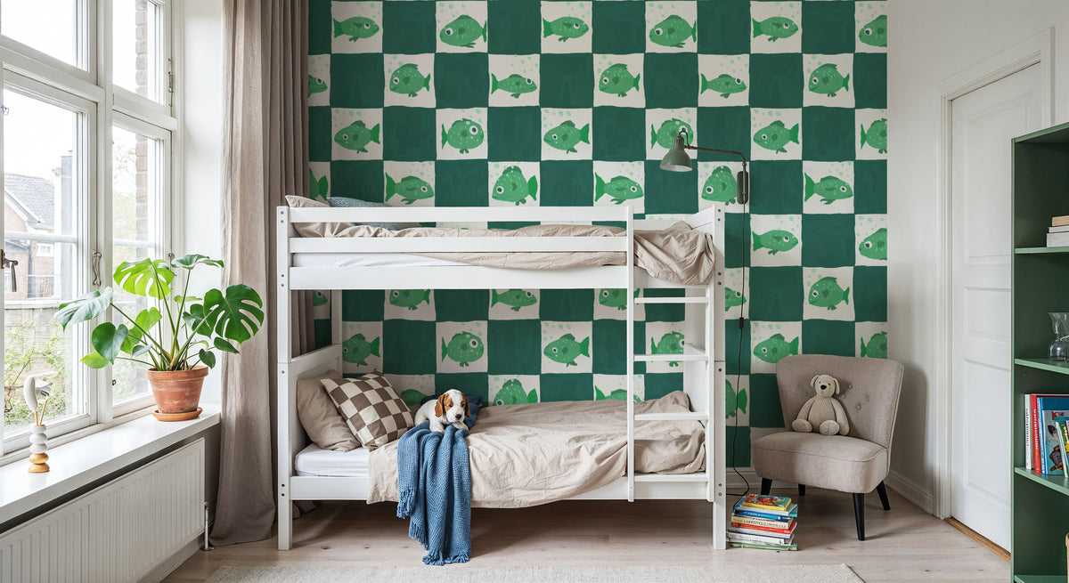 Fish Checkers, Green Mural Wallpaper - room preview 03