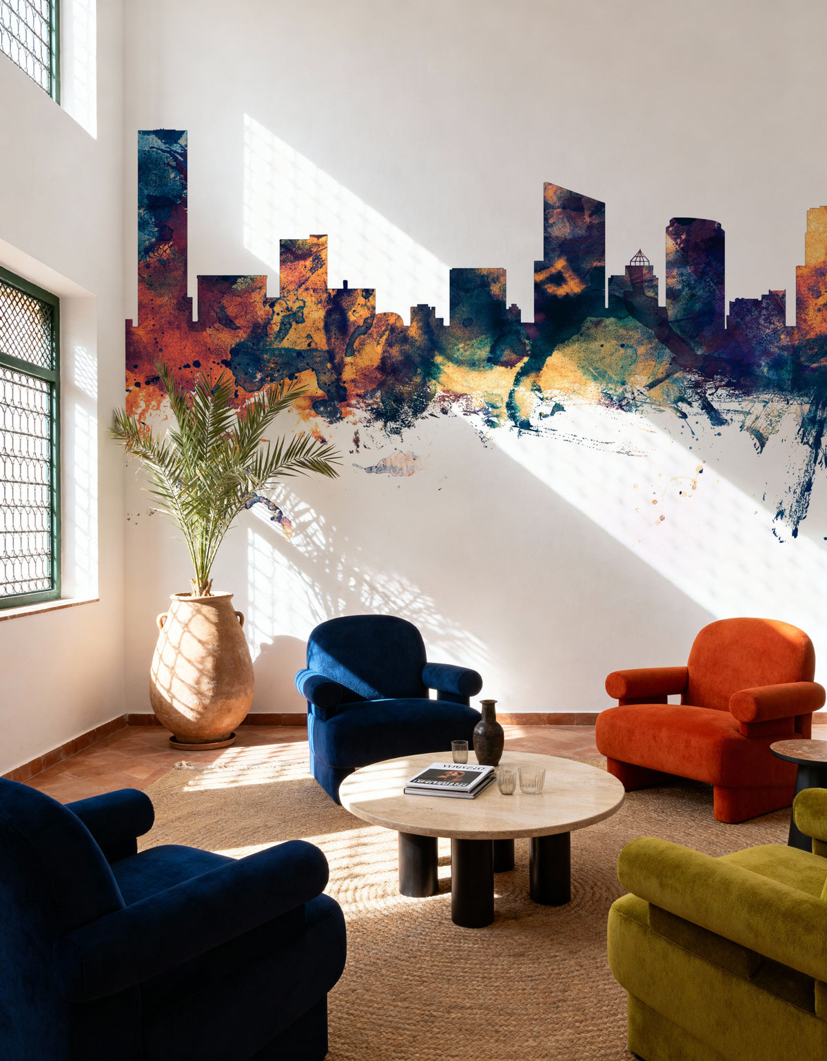 Grand Rapids Michigan Skyline Blue & Bronze Mural Wallpaper - room preview 03