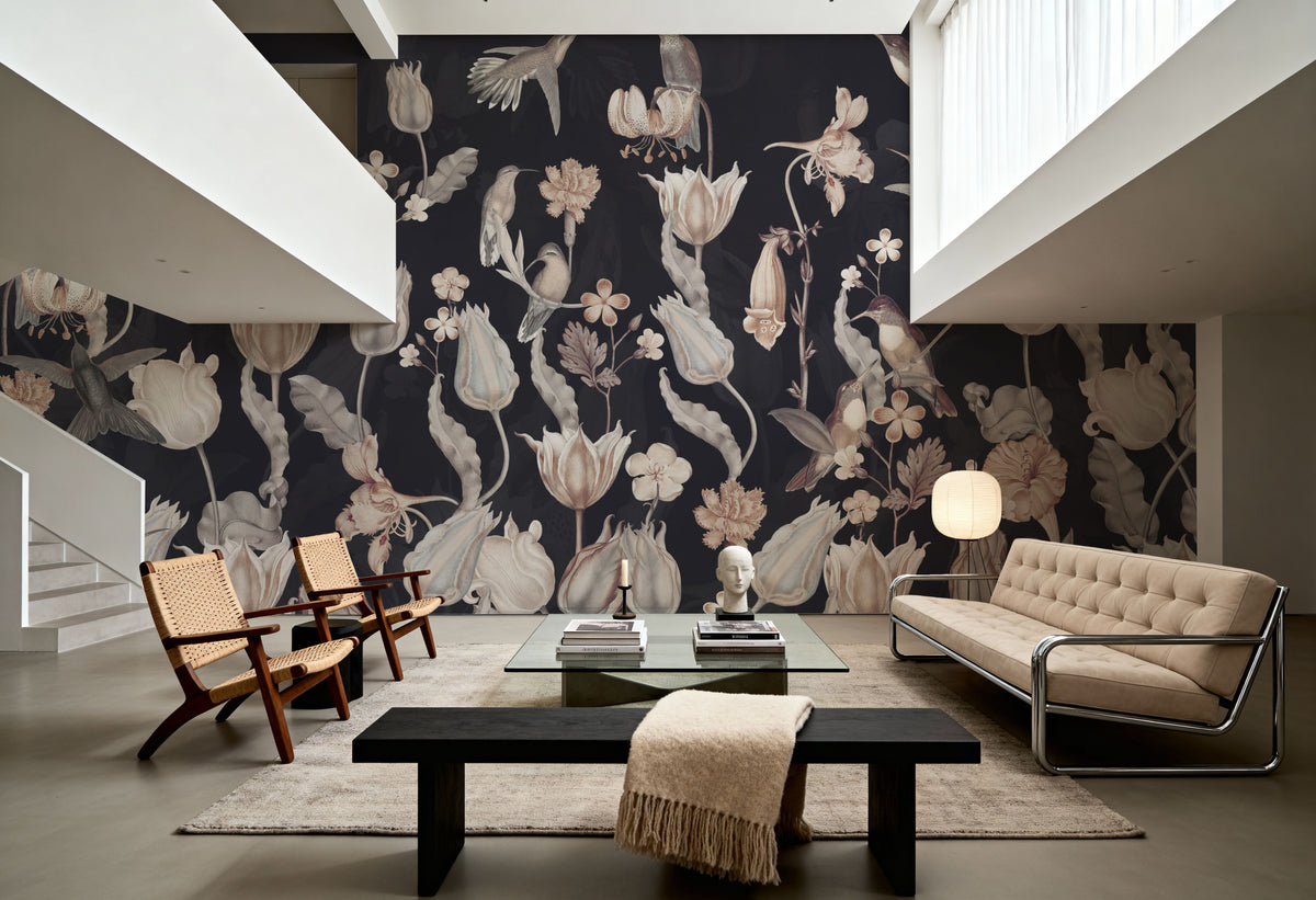 Tulips & Birds, Midnight Mural Wallpaper - room preview 03
