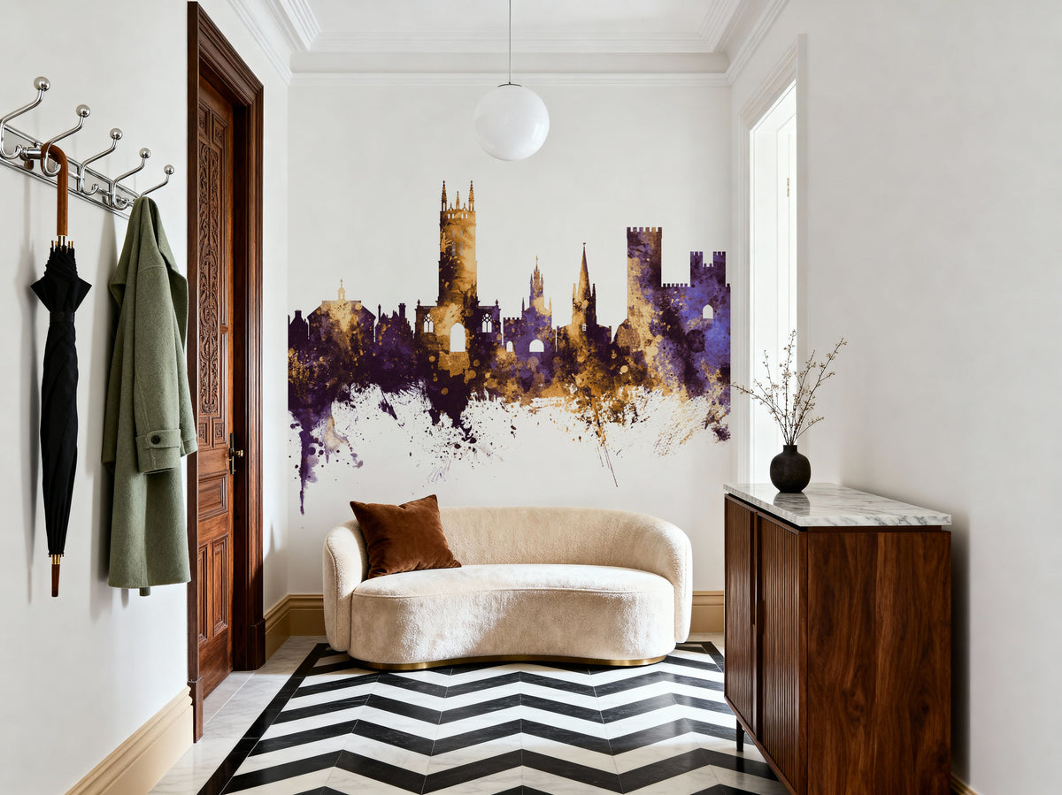 Warwick England Skyline Purple & Gold Mural Wallpaper - room preview 03