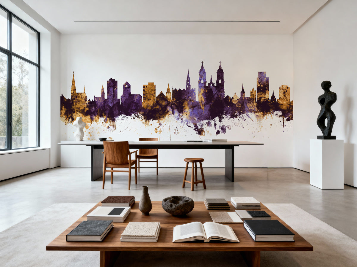 St Gallen Switzerland Skyline Purple & Gold Mural Wallpaper - room preview 03