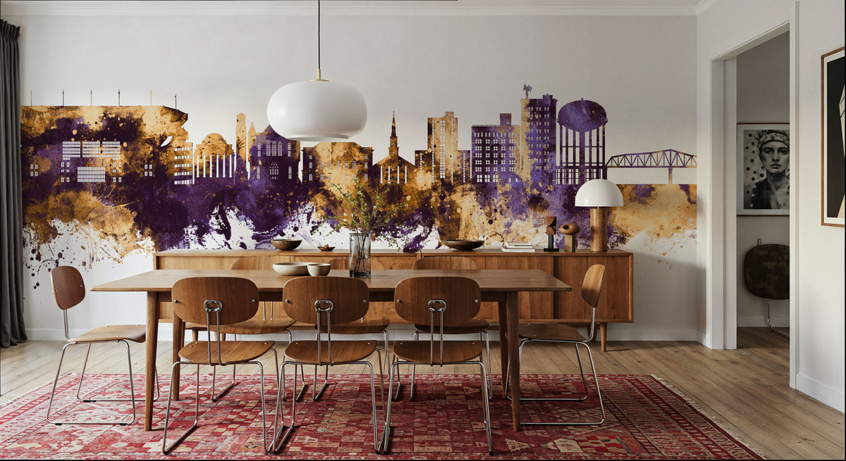 Tuscaloosa Alabama Skyline Purple & Gold Mural Wallpaper - room preview 03