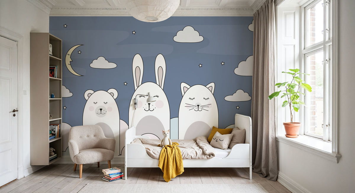 Sleeping Bunny Blue Mural Wallpaper - room preview 03