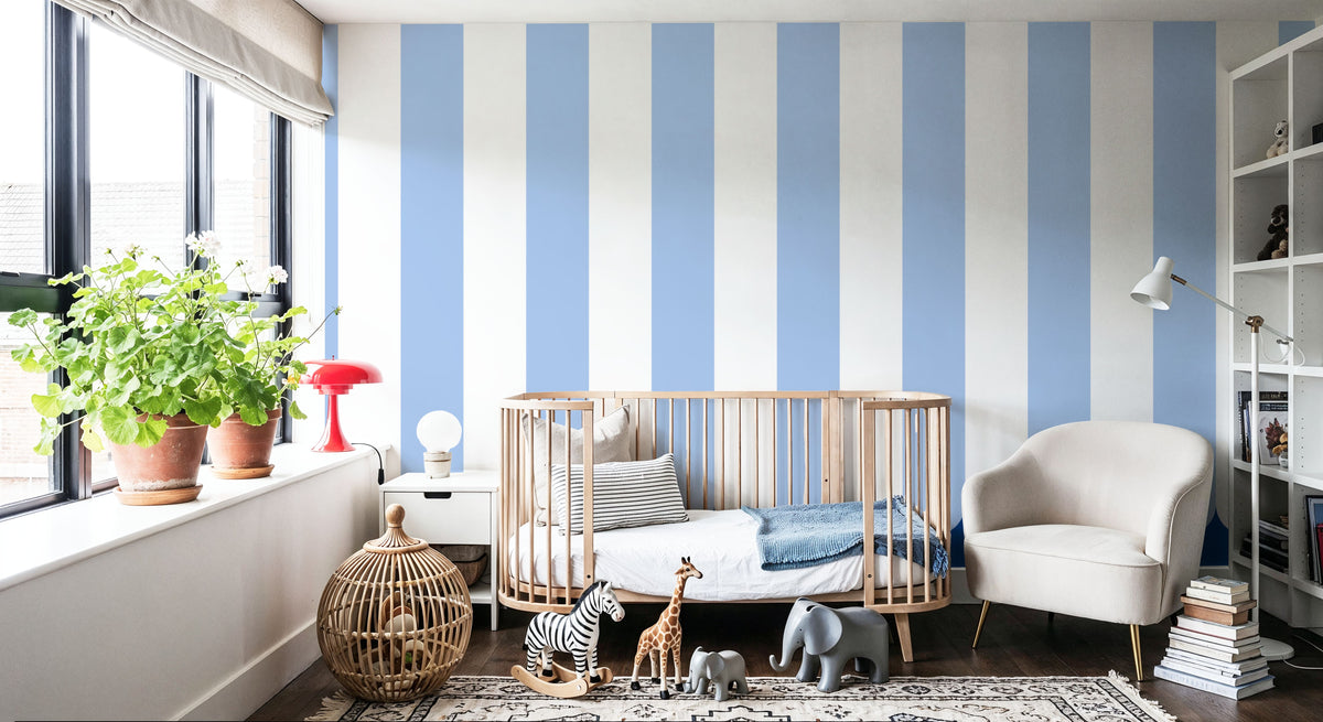 Scalloped Circus Stripes, Baby Blue Mural Wallpaper - room preview 03