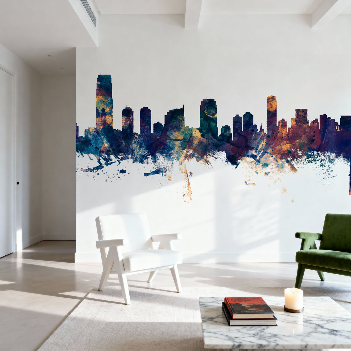 Jersey City New York Skyline Blue & Bronze Mural Wallpaper - room preview 03