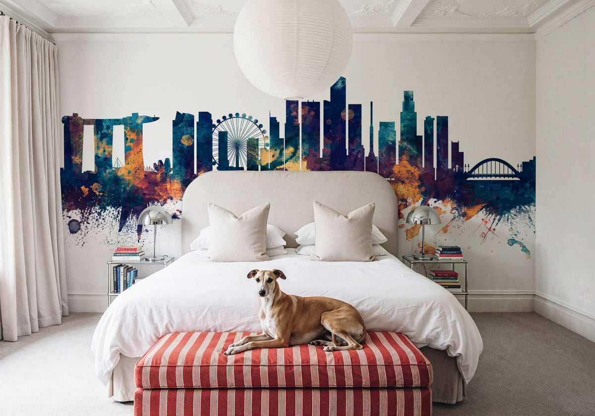 Singapore Skyline Blue & Bronze Mural Wallpaper - room preview 03
