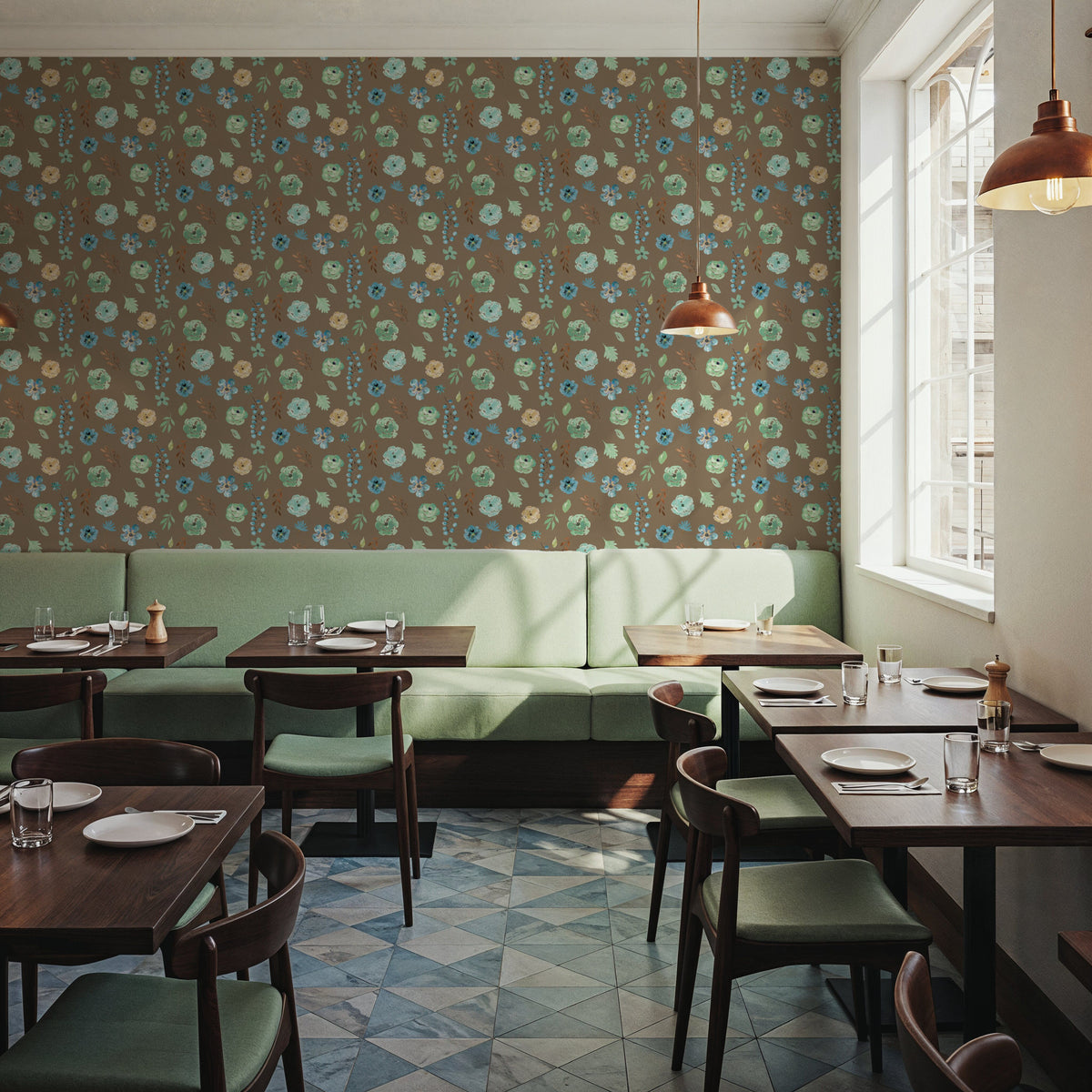 Flutterby Flowers Brown Mural Wallpaper - room preview 03