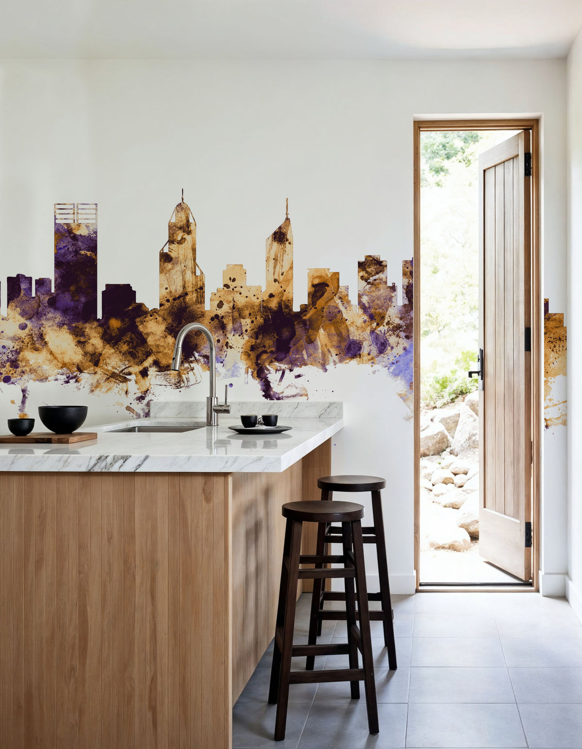 Perth Australia Skyline Purple & Gold Mural Wallpaper - room preview 03