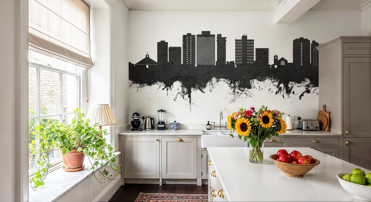 San Mateo California Skyline Black & White Mural Wallpaper - room preview 03