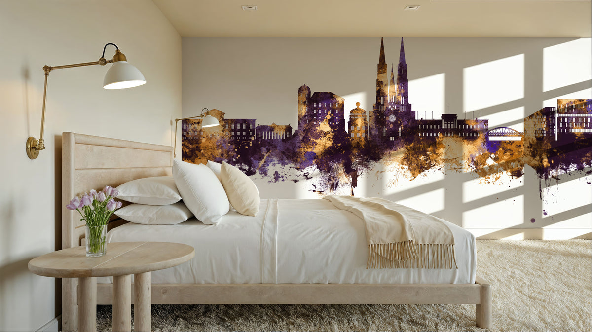 Uppsala Skyline Purple & Gold Mural Wallpaper - room preview 03