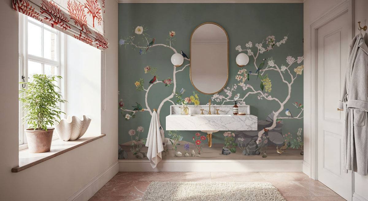 Birds in the Garden Dark Green Mural Wallpaper - room preview 03