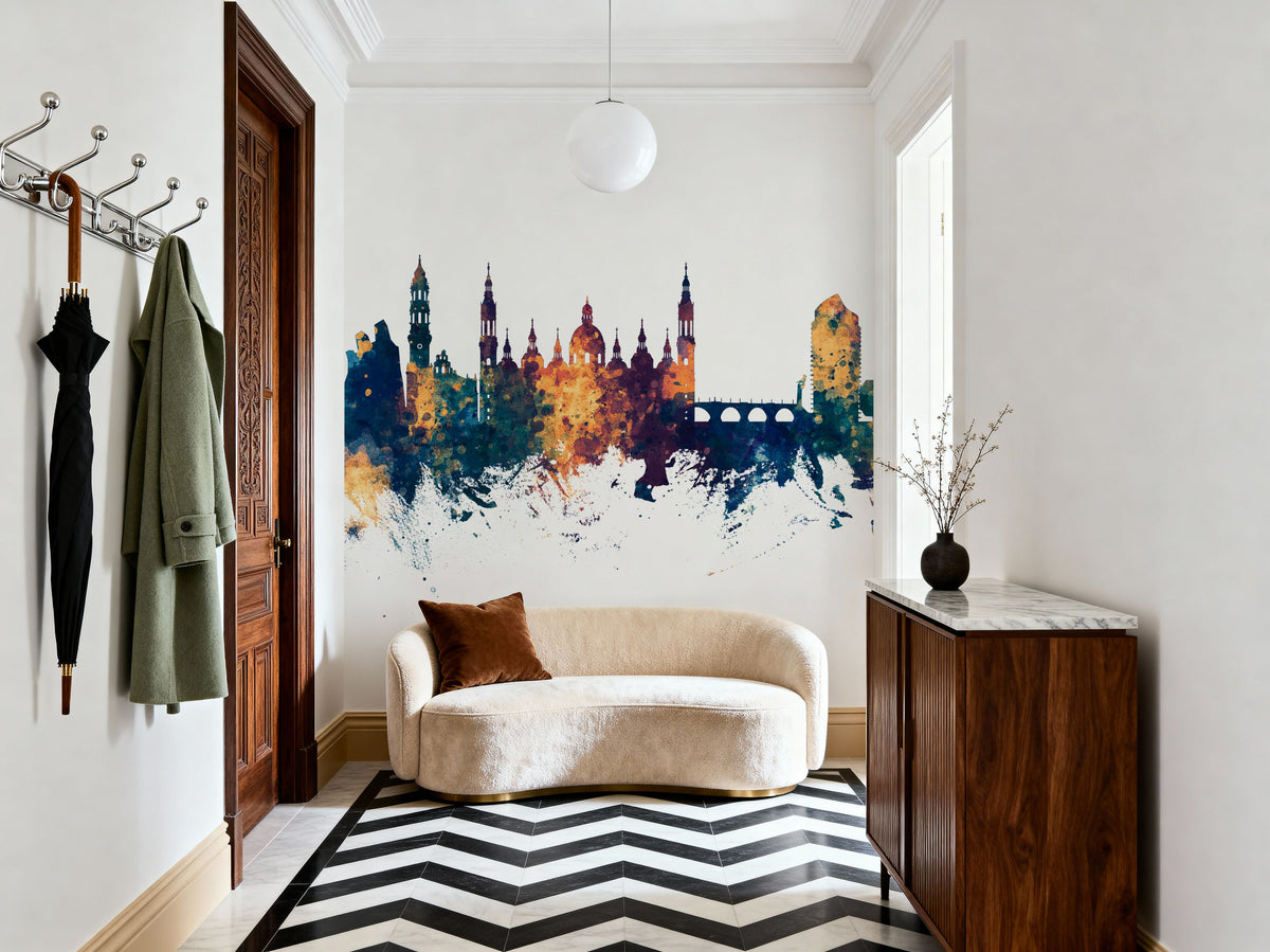 Zaragoza Spain Skyline Blue & Bronze Mural Wallpaper - room preview 03