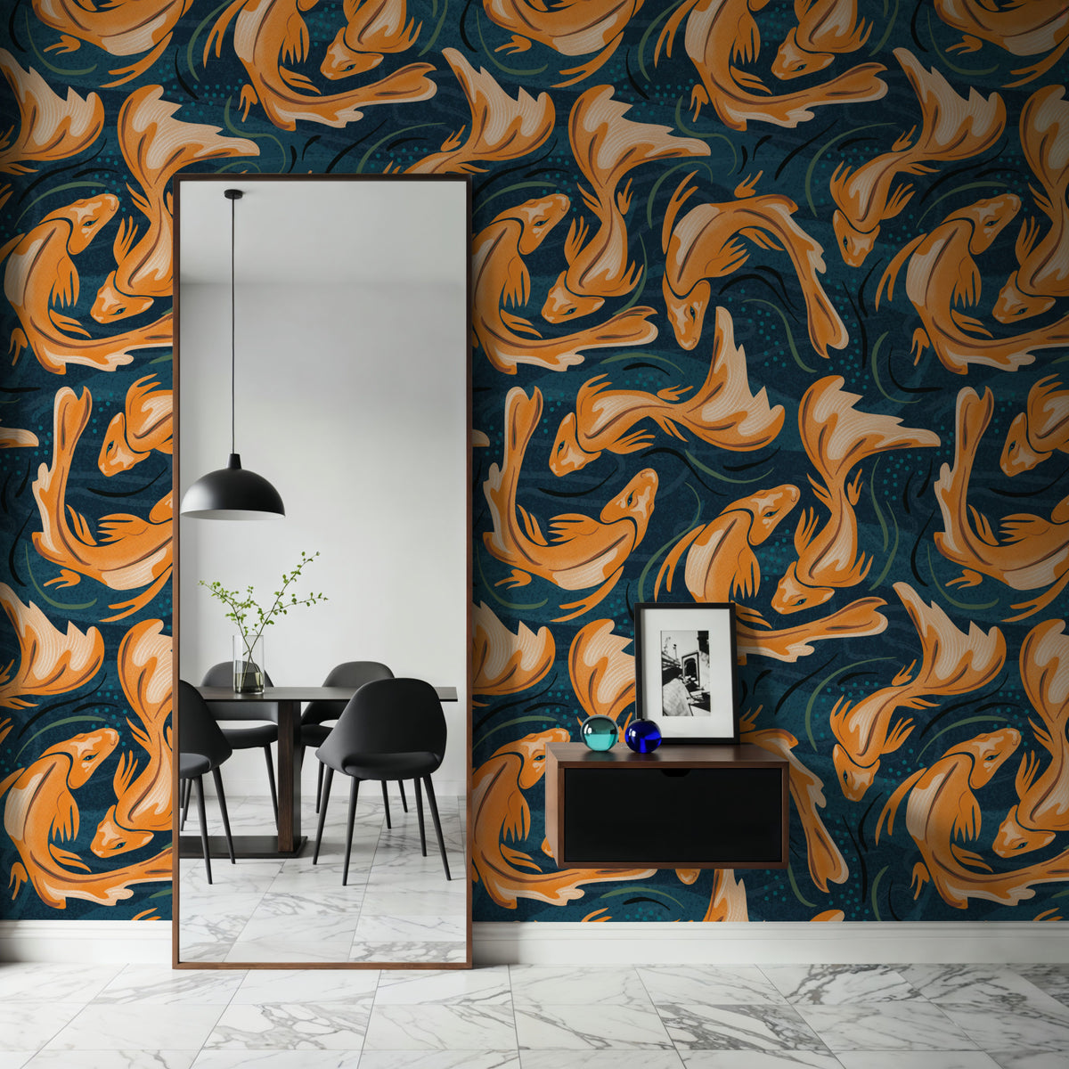 Koi Fish, Ocean Blue Mural Wallpaper - Red Tone - room preview 03